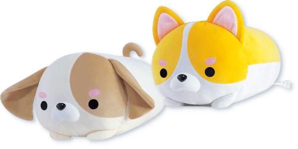 beige-brown Goofie the Goldie dog plushie, & orange-white Chonki the Corgi dog plushie from Mochi-Bun Pillows