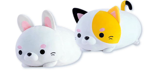 white Brie the Bunny rabbit plushie, & white-orange-black Cleo the Calico cat plushie from Mochi-Bun Pillows