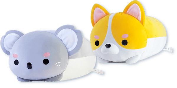 grey-white Koda the Koala plushie, & orange-white Chonki the Corgi dog plushie from Mochi-Bun Pillows